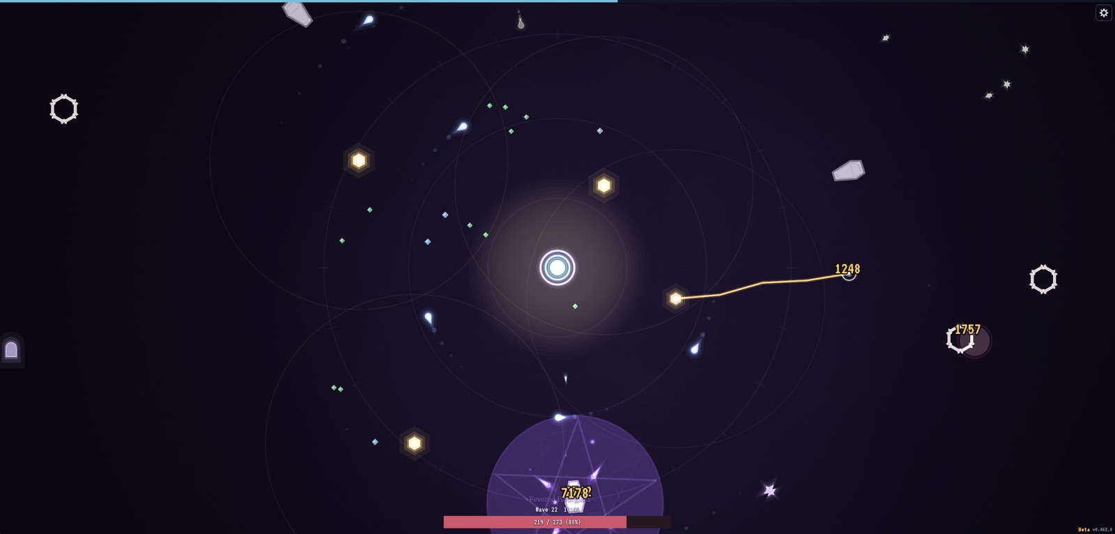 Wave 22. A single point of light at the center of the field, ringed by orbit paths, with a handful of relics circling and one chain reaching out to a struck enemy.