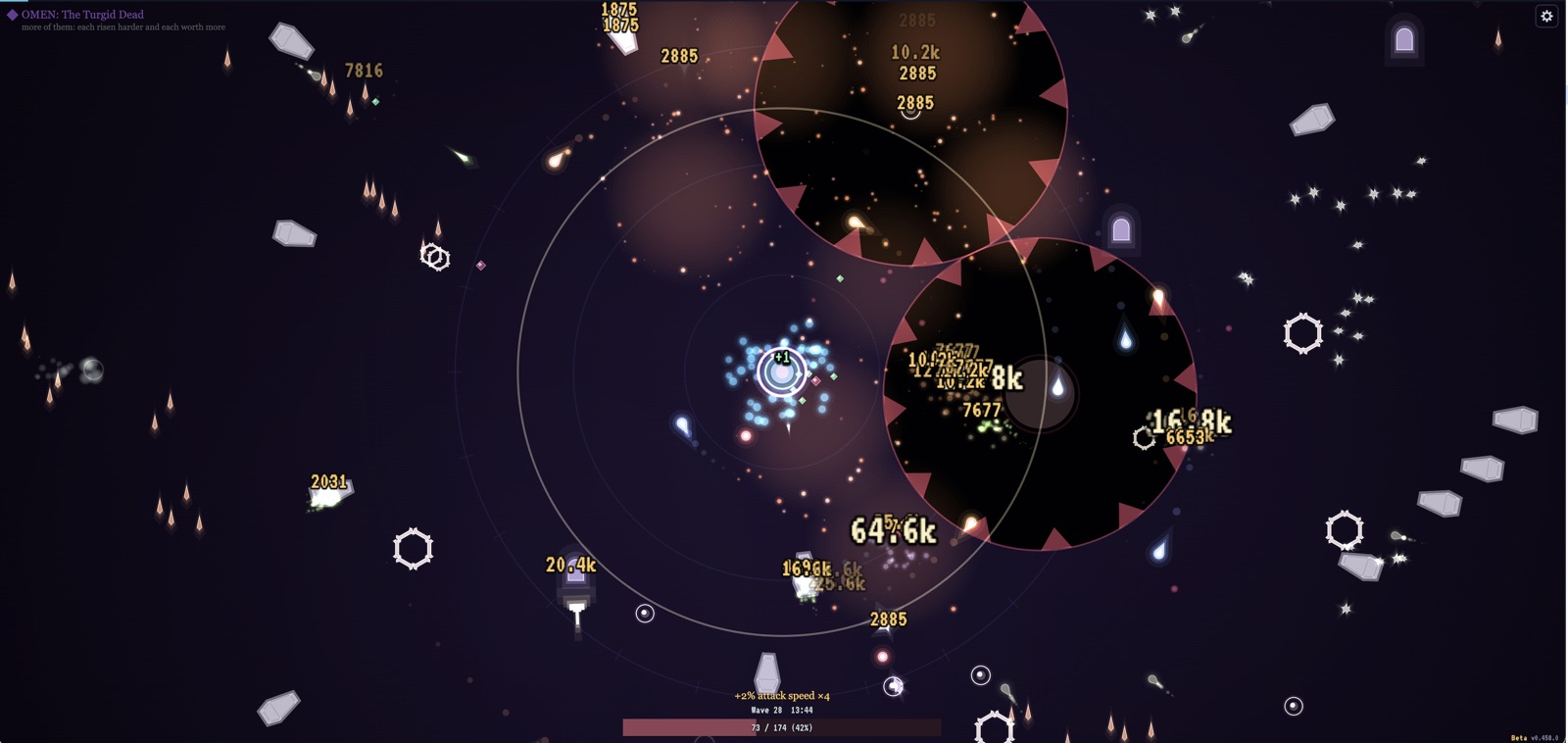 Wave 28 under the omen "The Turgid Dead" where more enemies spawn and are worth more xp. Two large dark circles rimmed with red teeth crowd the right of the field while embers stream in from the left.