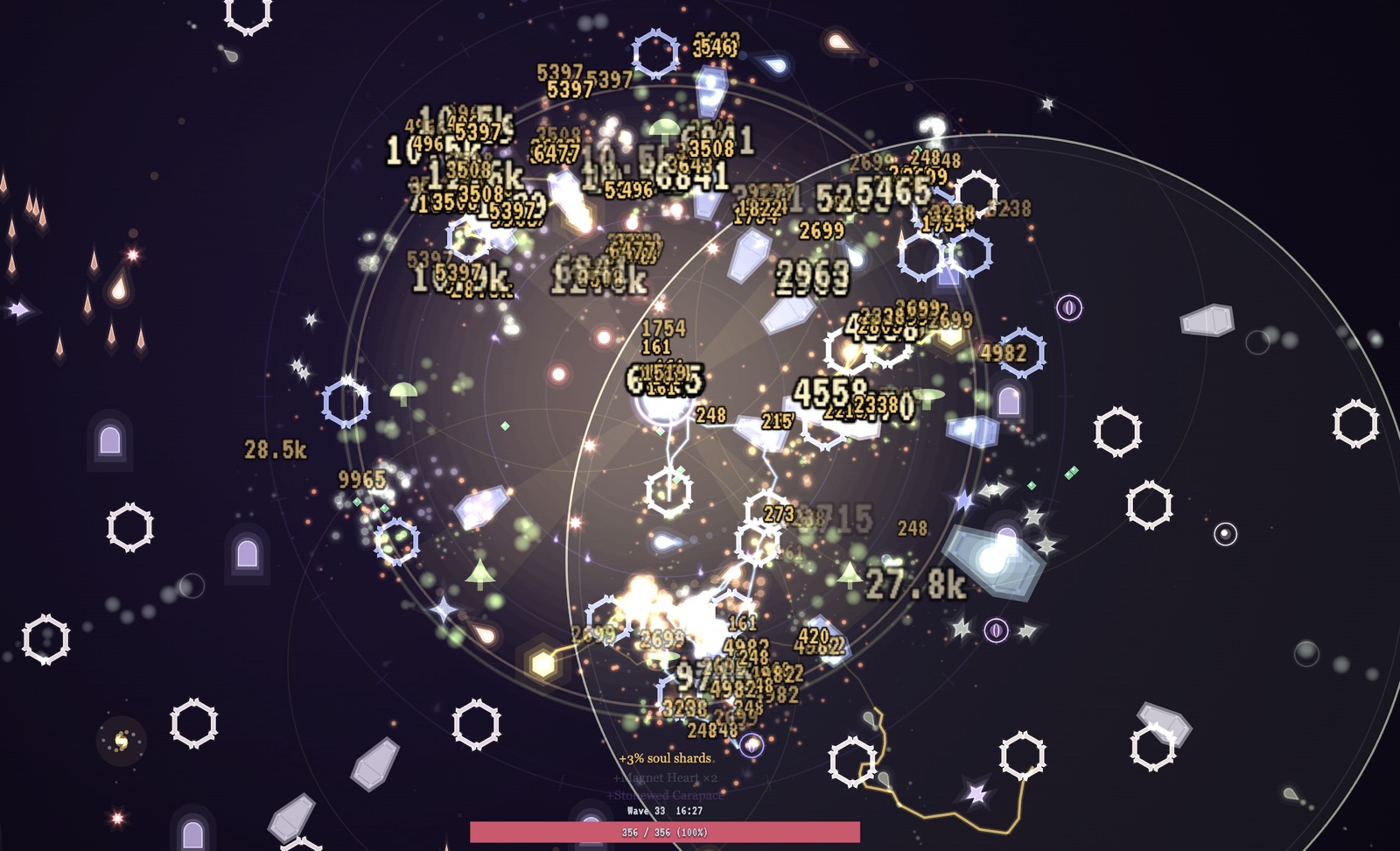 Wave 33. The field is full: overlapping damage numbers in gold and white, drifting spores, and a bright bloom at the center.