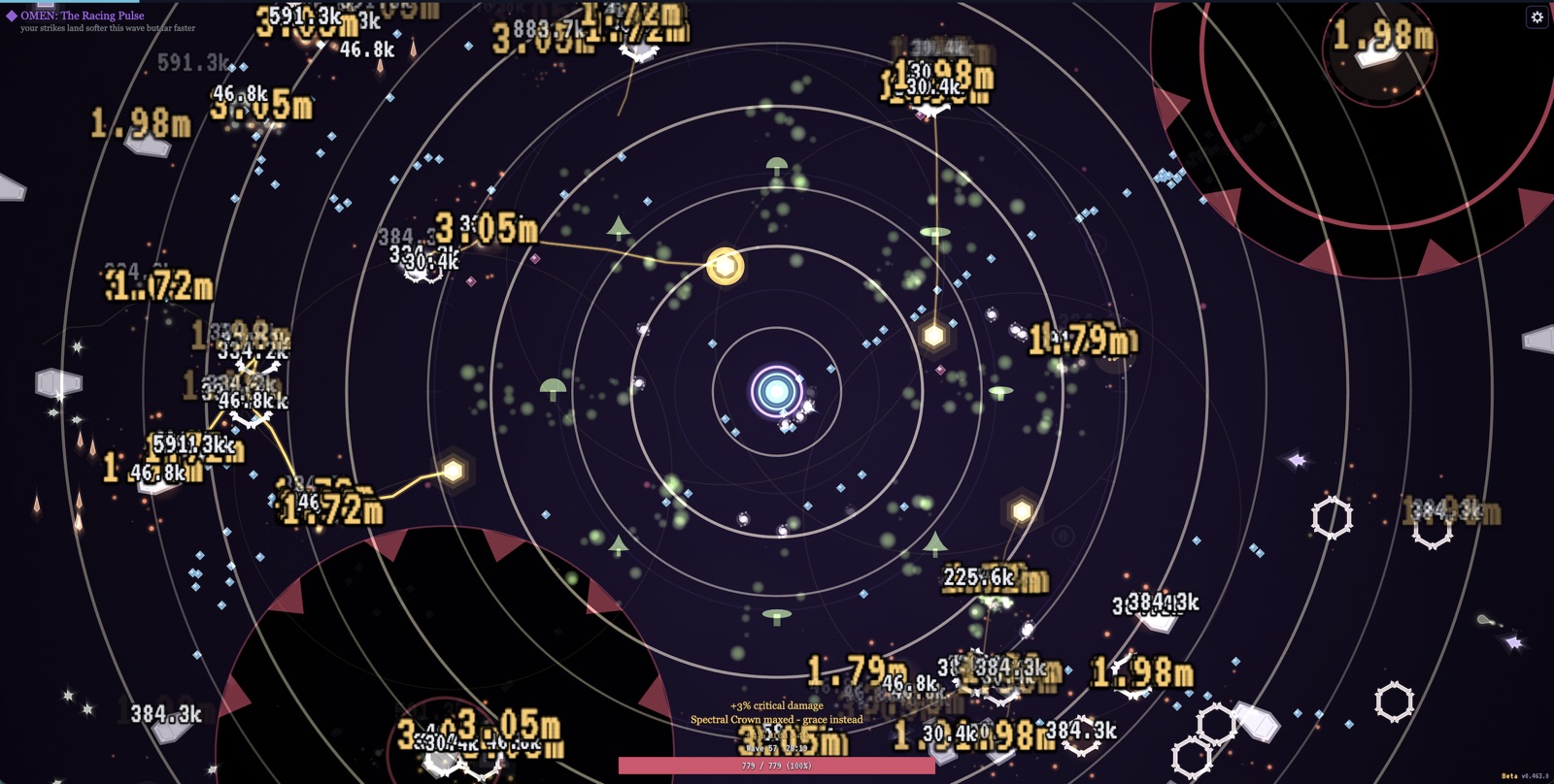 Wave 57 under the omen "The Racing Pulse" where you trade damage for attack speed. Damage numbers in the millions stack across the whole screen.