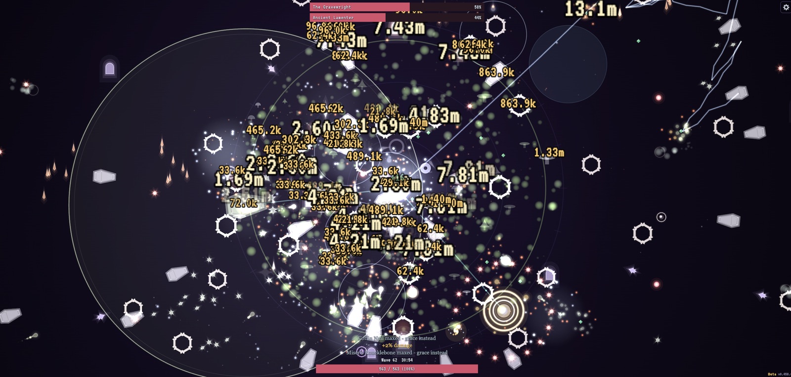 Wave 62 with two throne health bars at the top, The Gravewright and the Ancient Lamenter, over a field dense with fire, bone and damage numbers.